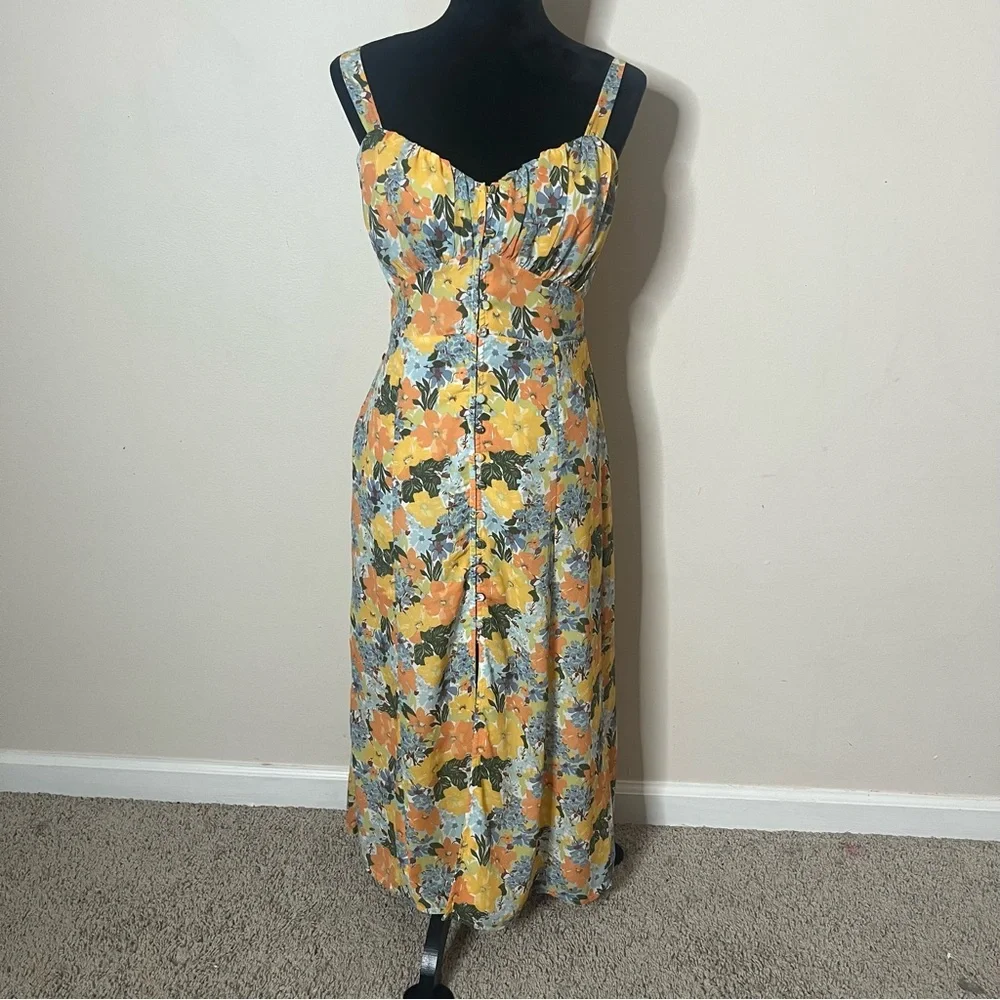 Abercrombie & Fitch Women’s Yellow Floral Sleeveless Ruched Midi Dress Sz S - Picture 2 of 13